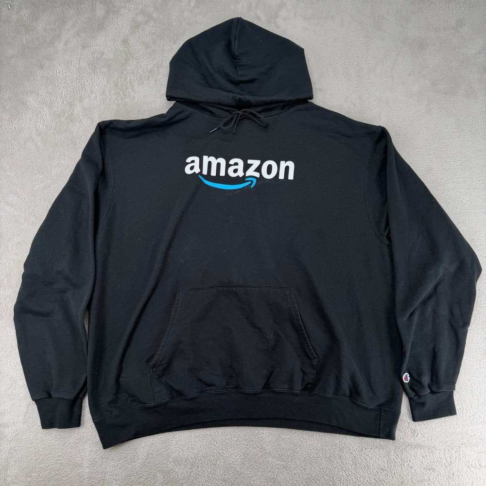 Champion Mens Amazon Logo Hoodie 2XL Black Preowned Pullover Eco Authentic